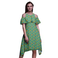 Bimba Swing Flutter Soğuk Omuz Yeşil Olive Green Midi Kadın Elbise