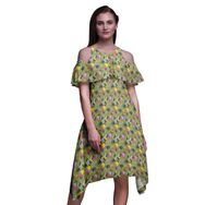 Bimba Swing Flutter Soğuk Omuz Zeytin Yeşili 2 Midi Kadın Elbise