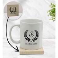 BK Gift Kişiye Özel - 1 Çelenk Baş Harfli İsimli Beyaz Kupa Bardak
