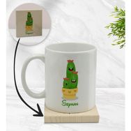BK Gift Kişiye Özel Kaktüs Tasarımlı Beyaz Kupa Bardak ve Ahşap Bardak Altlığı Hediye Seti