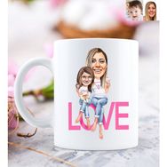 BK Kişiye Özel Anne ve Kız Love Karikatürlü Beyaz Kupa Bardak
