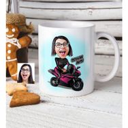 BK Kişiye Özel Bayan Motorcu Karikatür Beyaz Kupa Bardak