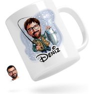 BK Kişiye Özel Erkek Balıkçı Karikatürlü Beyaz Kupa Bardak