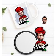 BK Kişiye Özel Erkek Chef Karikatürlü Beyaz Kupa ve Ahşap Bardak Altlığı