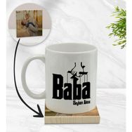 BK Model 5 Kişiye Özel Baba Godfather Tasarımlı Beyaz Kupa Bardak ve Ahşap Bardak Altlığı Hediye Seti