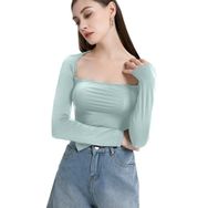 BKEPDY Crop Tops Yuvarlak Yaka Uzun Kollu Mavi Kadın Bluz