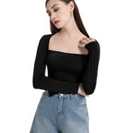 BKEPDY Crop Tops Yuvarlak Yaka Uzun Kollu Siyah Kadın Bluz
