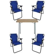 Bofigo 60x80 cm Çam Desenli Katlanır Masa + Katlanır Mavi 4 Adet Sandalye Kamp Seti