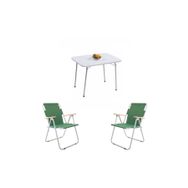 Bofigo Beyaz 60x80 cm Kamp Masası + Katlanabilir Ahşap Kollu 2 Adet Yeşil Kamp Sandalyesi