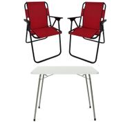 Bofigo Katlanır Beyaz 60x80 cm Masa + Katlanır Kırmızı 2 Adet Sandalye Kamp Seti