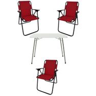 Bofigo Katlanır Beyaz Mermer Desenli 60x80 cm Kamp Masası + Katlanabilir Ahşap Kollu 3 Adet Kırmızı Sandalye Kamp Seti