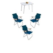 Bofigo Katlanır Beyaz Mermer Desenli 60x80 cm Kamp Masası + Katlanabilir Ahşap Kollu 3 Adet Mavi Sandalye Kamp Seti