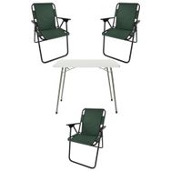 Bofigo Katlanır Beyaz Mermer Desenli 60x80 cm Kamp Masası + Katlanabilir Ahşap Kollu 3 Adet Yeşil Sandalye Kamp Seti
