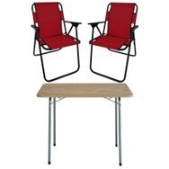 Bofigo Katlanır Çam Desenli 60x80 cm Masa + Katlanır Kırmızı 2 Adet Sandalye Kamp Seti