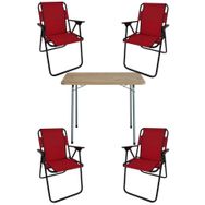 Bofigo Katlanır Çam Desenli 60x80 cm Masa + Katlanır Kırmızı 4 Adet Sandalye Kamp Seti