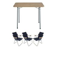 Bofigo Katlanır Çam Desenli 60x80 cm Masa + Katlanır Lacivert 3 Adet Sandalye Kamp Seti