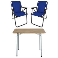 Bofigo Katlanır Çam Desenli 60x80 cm Masa + Katlanır Mavi 2 Adet Sandalye Kamp Seti