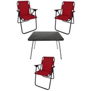 Bofigo Katlanır Granit Desenli 60x80 cm Masa + Katlanır Kırmızı 3 Adet Sandalye Kamp Seti