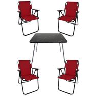 Bofigo Katlanır Granit Desenli 60x80 cm Masa + Katlanır Kırmızı 4 Adet Sandalye Kamp Seti