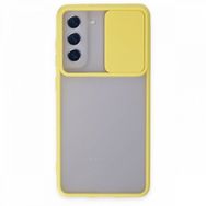 BSSM Samsung Galaxy S21 FE Palm Buzlu Kamera Sürgülü Silikon Sarı Kılıf