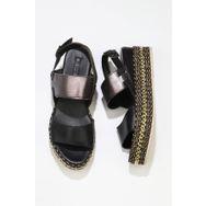 Bueno Shoes 01WS5200 Siyah Kurşun Deri Kadın Dolgu Topuklu Espadril Sandalet