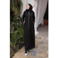 Burcu Tesettür BTS0008 Siyah Önden Fermuarlı Kapüşonlu Spor Ferace