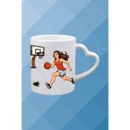 Caisya Basketboll Temalı Kadın Oyuncu Baskılı Kalpli Kulp Beyaz Kupa Bardak