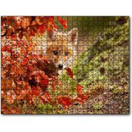 Caka Tablo Kırmızı Yapraklar Arkasındaki Sevimli Yavru Tilki 1000 Parça Puzzle