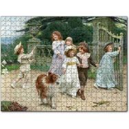Cakapuzzle Bahçe Kapısı Önünde Çocuklar ve Köpekleri Mdf 120 Parça Puzzle