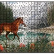 Cakapuzzle Göl Kıyısında Kahverengi At Flu Orman Arkaplan Mdf 1000 Parça Puzzle