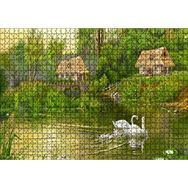 Cakapuzzle Göl Manzaralı Kulübeler Kuğu Çiftiyle Yavruları Mdf 1000 Parça Puzzle
