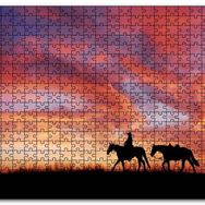 Cakapuzzle Günbatım Kovboy ve İki At Silüeti Mdf 1000 Parça Puzzle