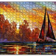 Cakapuzzle Günbatımı Kızıl Bulutlar ve Yelkenli Yağlıboya Mdf 1000 Parça Puzzle