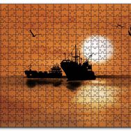 Cakapuzzle Günbatımında Balıkçı Tekneleri ve Martılar Mdf 120 Parça Puzzle