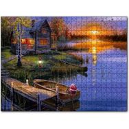Cakapuzzle Günbatımında Göl Ağaç Ev ve Kayıklar Mdf 500 Parça Puzzle