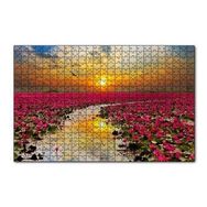 Cakapuzzle Günbatımında Gölde Pembe Çiçekler 120 Parça Ahşap Puzzle