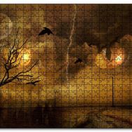 Cakapuzzle Kedi Gözleri Bulutlar Şimşekler Dolunay Kargalar Mdf 120 Parça Puzzle