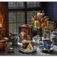 Cakapuzzle Kek ve Çay Ambiyans Pencerede Yağmur Görseli Mdf 120 Parça Puzzle