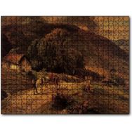 Cakapuzzle Kulübe Ağaçlar Dağlar ve At Arabası Mdf 1000 Parça Puzzle