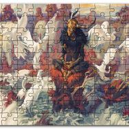 Cakapuzzle Kuş Şelale Kırmızı Kaya Boynuz Maskeli Adam Mdf 255 Parça Puzzle