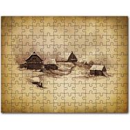 Cakapuzzle Sarı Zeminde Ahşap Çiftlik Evleri Çizim Görseli 1000 Parça Puzzle
