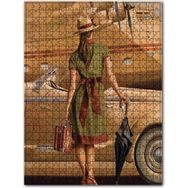 Cakapuzzle Yeşil Elbiseli Kadın Araba ve Uçak Ahşap 255 Parça Puzzle
