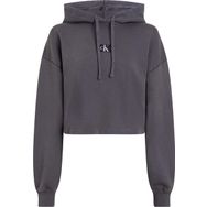 Calvin Klein Washed Woven Label Hoodie Gri Kadın Sweatshirt