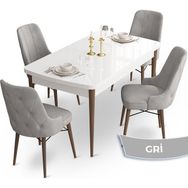 Canisa Concept Ahu Serisi 80x132 cm Açılabilir Beyaz Masa Ceviz Ayak 4 Sandalye Gri Mutfak Masa Takımı