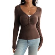Canli4Y Henley Slim Fit Kahverengi Uzun Kollu V Yaka Kadın T-shirt