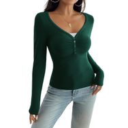 Canli4Y Henley Slim Fit Yeşil Y2K Uzun Kollu V Yaka Kadın T-shirt