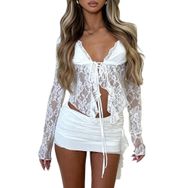 Canli4Y Sheer Mesh Crop Tops Y2K Beyaz Uzun Kollu Kadın Hırka