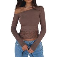 Canli4Y Slim Fit Kahverengi Y2K Üst Kısım Şık Çapraz Omuz Uzun Kollu Kadın Bluz