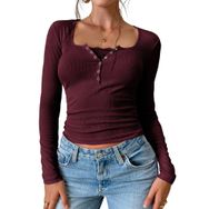 Canli4Y Y2K Lace Patchwork Vintage Sweet Slim Fit Tops Clothes Weinrot Uzun Kollu Henley Kadın T-shirt