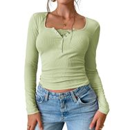 Canli4Y Y2K Lace Patchwork Vintage Sweet Slim Fit Tops Clothes Yeşil Uzun Kollu Henley Kadın T-shirt